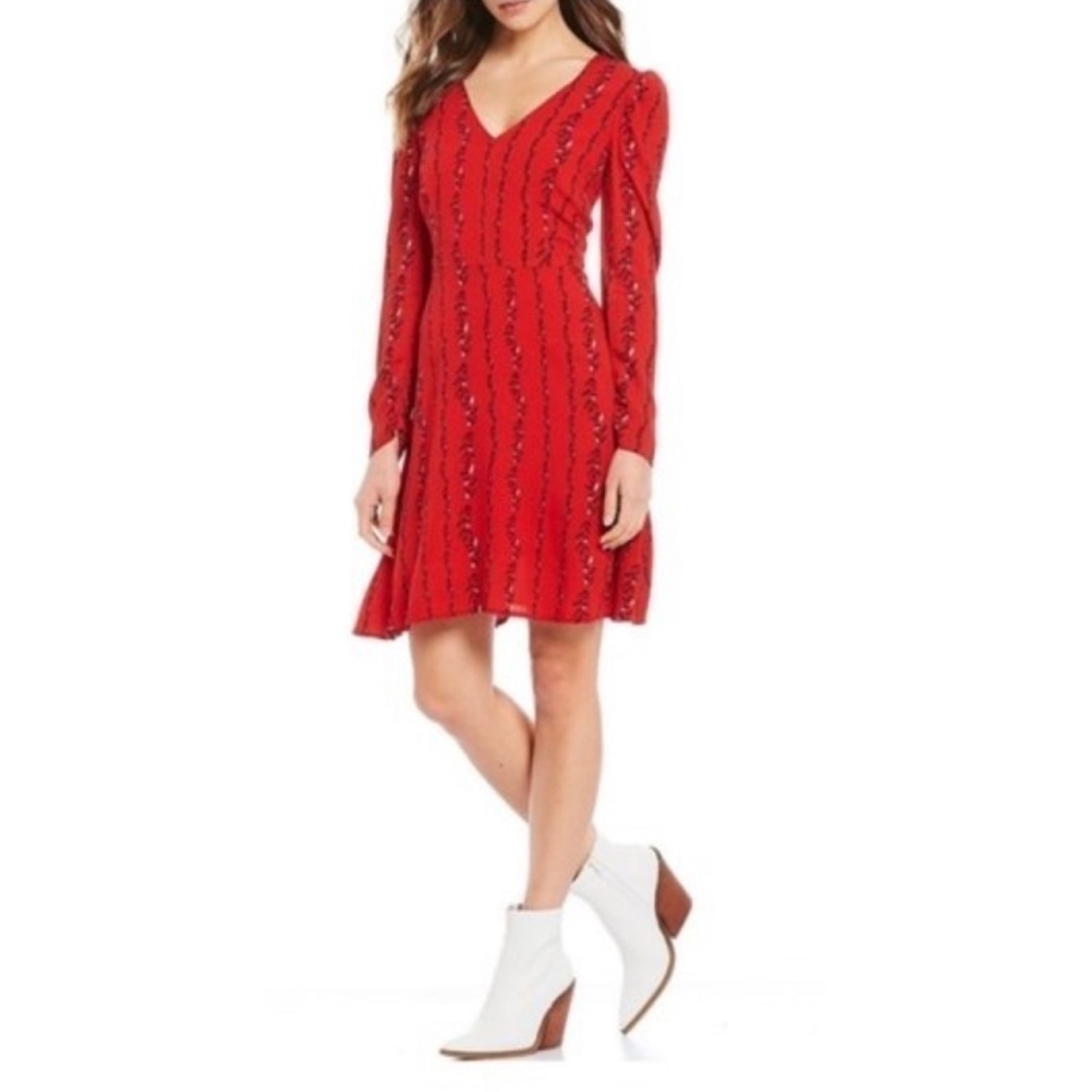 NEW a loves a Red Poinsettia Floral Fit & Flare Long Sleeve‎ Mini Dress 4